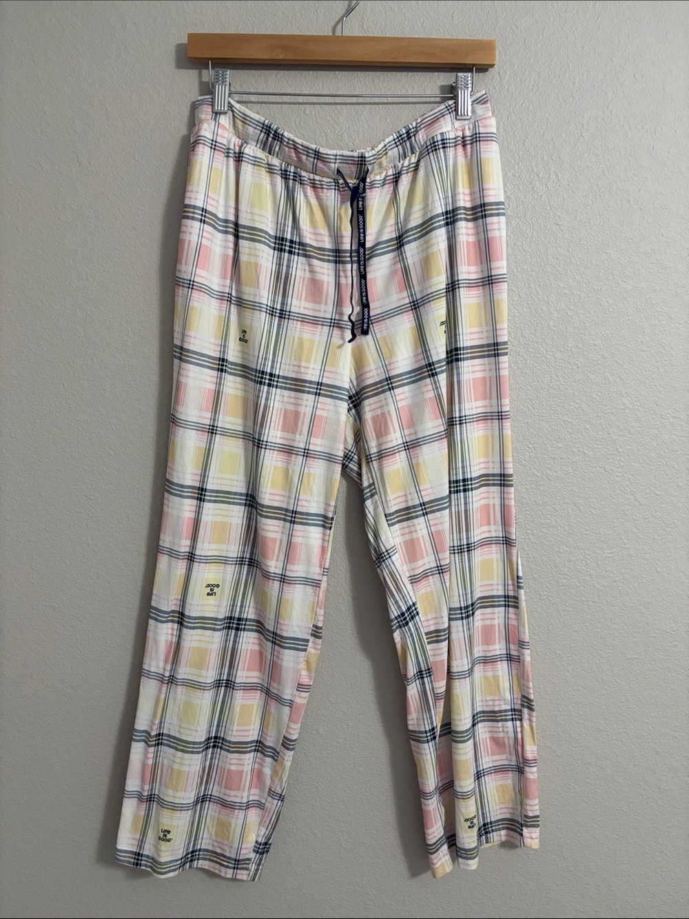 Life Is Good Sleep Plaid Pajama Pants Pastel Pink & Yellow Size Large